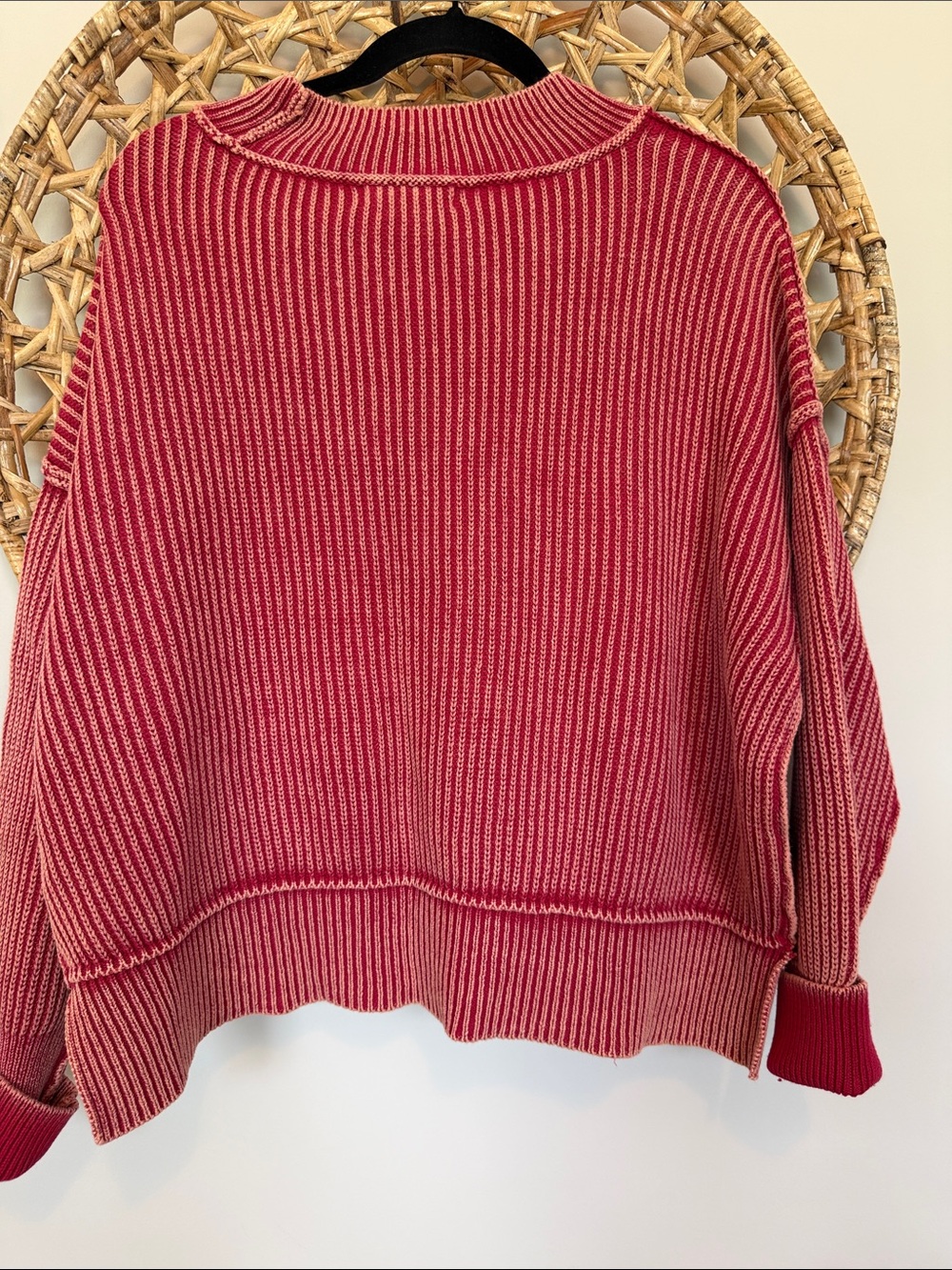 Zenana Outfitters Mineral washed Red Ribbed Crewneck Sweater - Picture 9 of 12